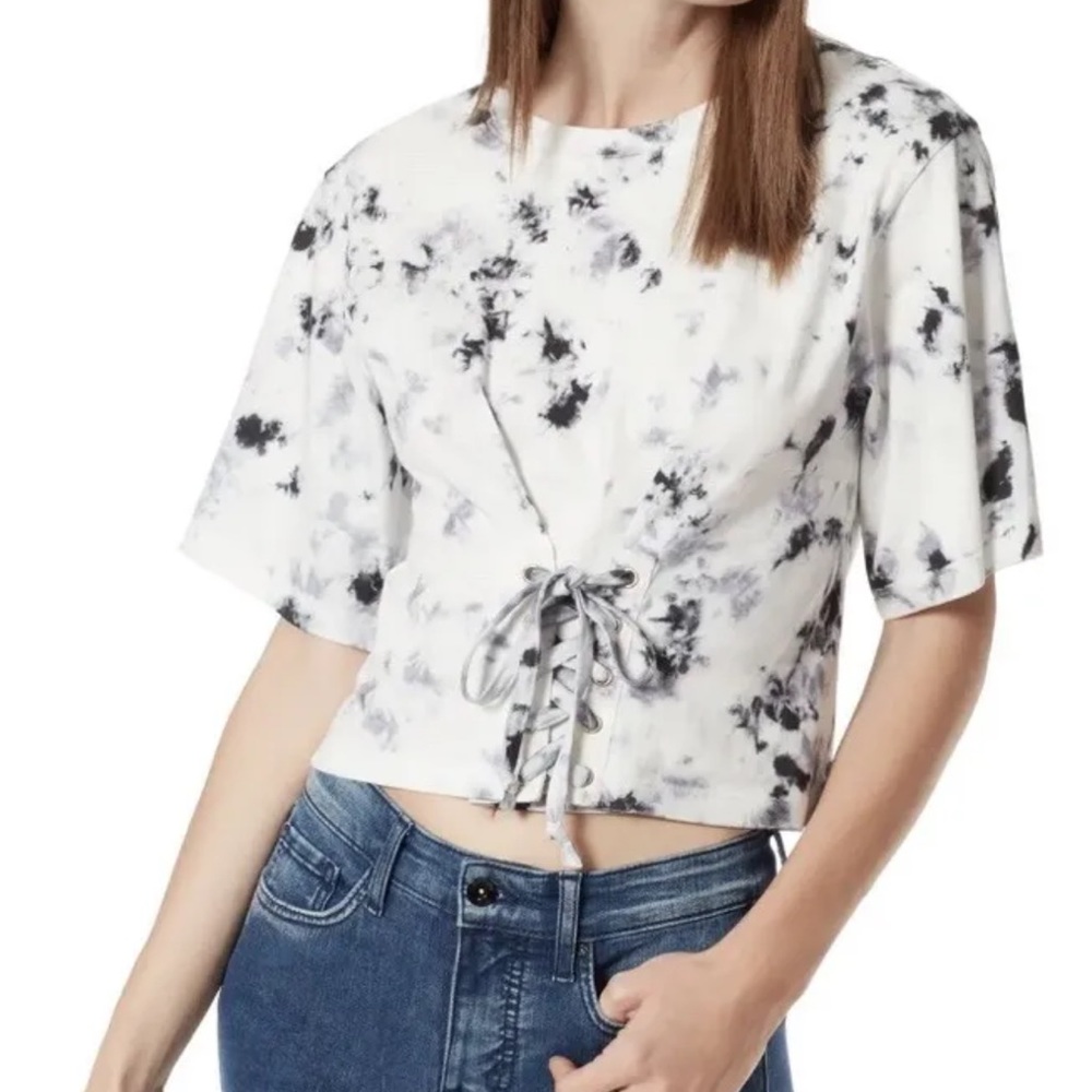 FRAYED Womens White Tie Lace Up Detail Tie Dye Short Sleeve Crew Neck Top